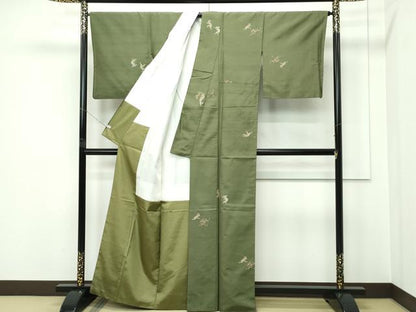 平和屋着物●極上　京の名門・菱屋六右ェ門　紬　鳥獣戯画　海松色地　逸品　CZAA5386s6