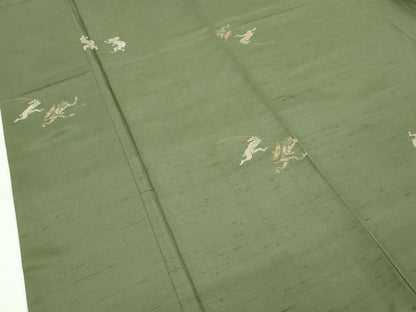 平和屋着物●極上　京の名門・菱屋六右ェ門　紬　鳥獣戯画　海松色地　逸品　CZAA5386s6