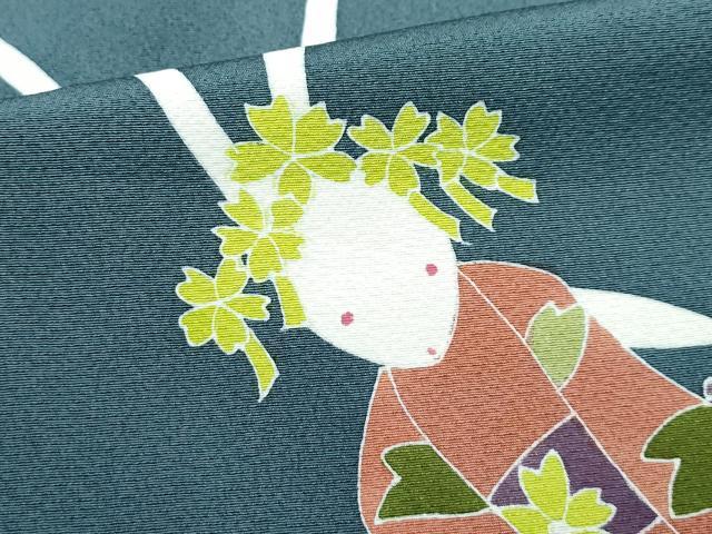 平和屋本店●極上　世界的人形師　辻村寿三郎　ジュサブロー　訪問着　刺繍　うさぎ　簪　鉄御納戸色地　逸品　CZAA5387s6
