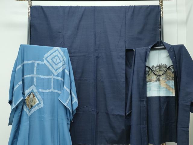 平和屋着物●極上　男性　紬　アンサンブル　長襦袢セット　濃紺地　逸品　未使用　CZAA5400s6