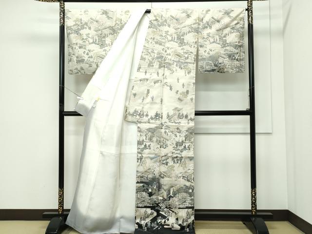 平和屋着物●極上　世界的友禅作家　千地泰弘　訪問着　本場染大島紬　人物風景文　逸品　CZAA5416s6