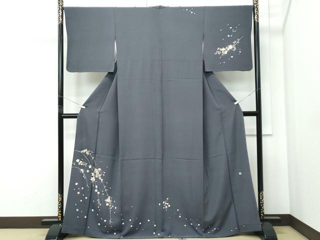 平和屋着物●極上　本加賀友禅作家　松島由美　訪問着　枝花文　墨色地　逸品　CZAA5435s6