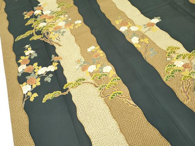 平和屋着物●極上　訪問着　駒刺繍　牡丹松鹿の子間道　金彩　藍海松茶色地　三越扱い　逸品　CZAA5440s6
