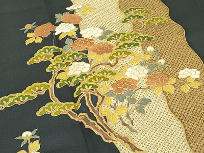 平和屋着物●極上　訪問着　駒刺繍　牡丹松鹿の子間道　金彩　藍海松茶色地　三越扱い　逸品　CZAA5440s6