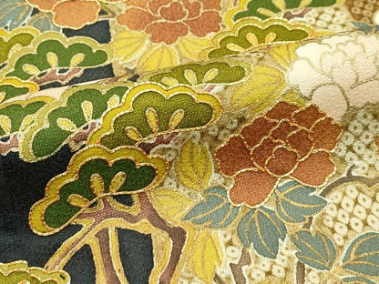 平和屋着物●極上　訪問着　駒刺繍　牡丹松鹿の子間道　金彩　藍海松茶色地　三越扱い　逸品　CZAA5440s6