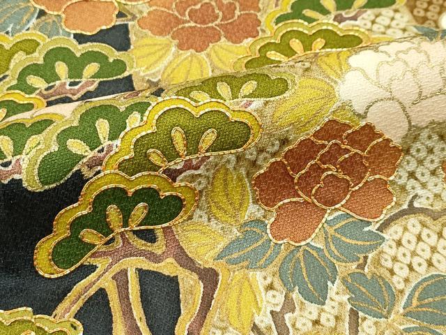 平和屋着物●極上　訪問着　駒刺繍　牡丹松鹿の子間道　金彩　藍海松茶色地　三越扱い　逸品　CZAA5440s6