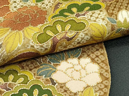 平和屋着物●極上　訪問着　駒刺繍　牡丹松鹿の子間道　金彩　藍海松茶色地　三越扱い　逸品　CZAA5440s6