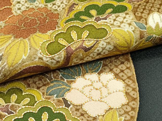 平和屋着物●極上　訪問着　駒刺繍　牡丹松鹿の子間道　金彩　藍海松茶色地　三越扱い　逸品　CZAA5440s6