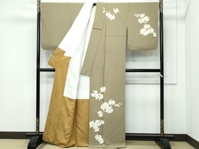 平和屋本店●極上　皇室デザイナー　中村乃武夫　訪問着　縞　胡蝶蘭　利休茶色地　逸品　CZAA5453s6