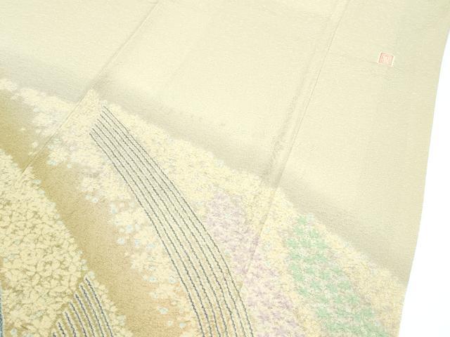 平和屋着物●極上　十日町　名門　滝泰謹製　訪問着　おぼろ染め　襲絞り　草花文　金通し地　砥粉色地　逸品　CZAA5455s6
