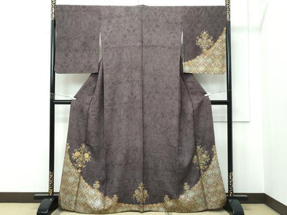 平和屋着物●極上　訪問着　刺繍　正倉院花文　金通し地　黒橡色地　やまと誂製　逸品　CZAA5457s6