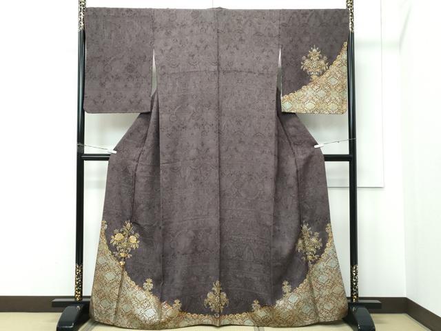 平和屋着物●極上　訪問着　刺繍　正倉院花文　金通し地　黒橡色地　やまと誂製　逸品　CZAA5457s6