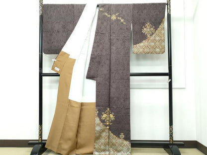 平和屋着物●極上　訪問着　刺繍　正倉院花文　金通し地　黒橡色地　やまと誂製　逸品　CZAA5457s6