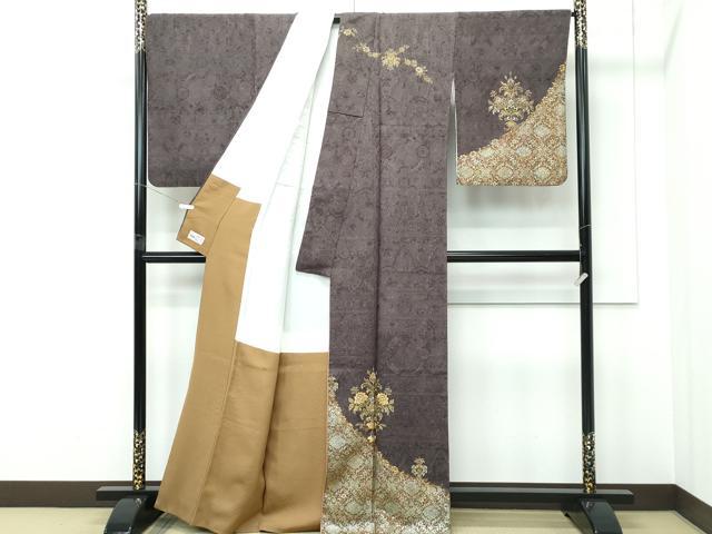 平和屋着物●極上　訪問着　刺繍　正倉院花文　金通し地　黒橡色地　やまと誂製　逸品　CZAA5457s6