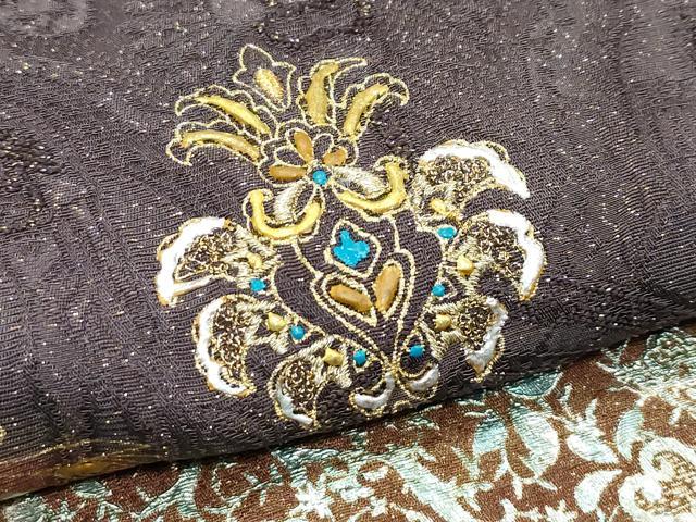 平和屋着物●極上　訪問着　刺繍　正倉院花文　金通し地　黒橡色地　やまと誂製　逸品　CZAA5457s6