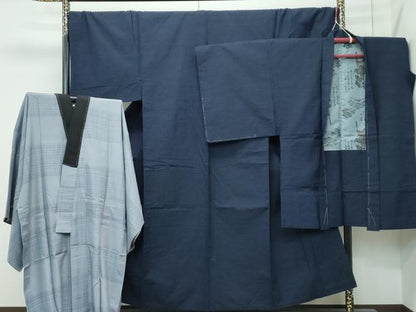 平和屋着物●極上　男性　紬　アンサンブル　長襦袢セット　キングサイズ　濃紺地　逸品　未使用　CZAA5461s6