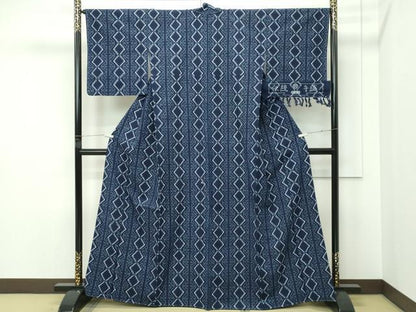 平和屋本店●極上　久留米絣　重要無形文化財技術保持者　小川内龍夫　伝統手織　菱間道　反端付き　綿　逸品　未使用　CZAA5473s6