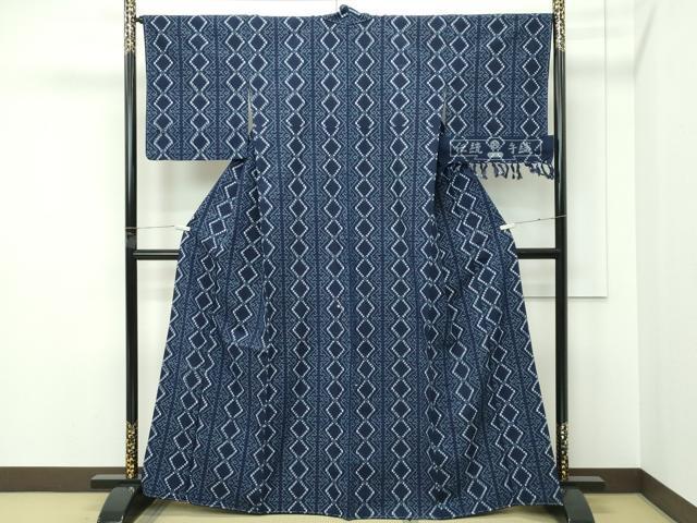 平和屋本店●極上　久留米絣　重要無形文化財技術保持者　小川内龍夫　伝統手織　菱間道　反端付き　綿　逸品　未使用　CZAA5473s6