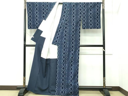 平和屋本店●極上　久留米絣　重要無形文化財技術保持者　小川内龍夫　伝統手織　菱間道　反端付き　綿　逸品　未使用　CZAA5473s6