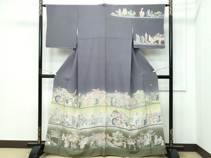 平和屋着物●極上　十日町　加賀草木友禅の第一人者　田村哲彦　訪問着　人物風景文　暈し染め　煤色地　逸品　未使用　CZAA5505s6
