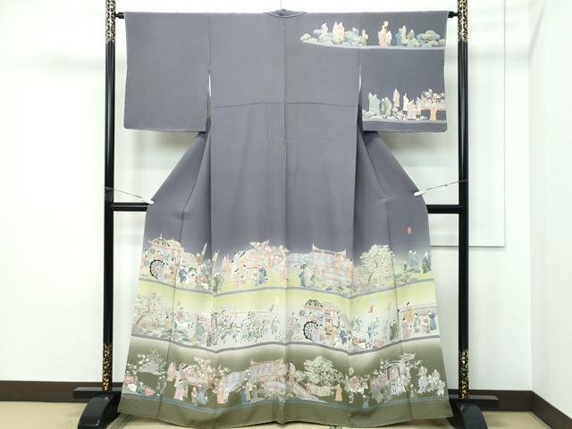平和屋着物●極上　十日町　加賀草木友禅の第一人者　田村哲彦　訪問着　人物風景文　暈し染め　煤色地　逸品　未使用　CZAA5505s6