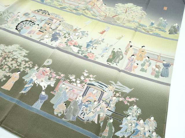 平和屋着物●極上　十日町　加賀草木友禅の第一人者　田村哲彦　訪問着　人物風景文　暈し染め　煤色地　逸品　未使用　CZAA5505s6