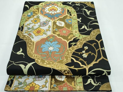 平和屋着物●極上　西陣　川島織物　六通柄　本袋帯　草花文　黒地　金糸　逸品　CZAA5529s6