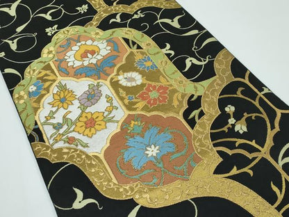 平和屋着物●極上　西陣　川島織物　六通柄　本袋帯　草花文　黒地　金糸　逸品　CZAA5529s6