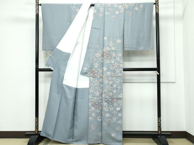 平和屋着物●極上　訪問着　総刺繍　蘇州刺繍　中国三大刺繍　相良刺繍　橘　七宝花文　銀糸　豆がら茶色地　逸品　未使用　CZAA5539s6