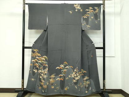 平和屋着物●極上　十日町　加賀草木友禅の第一人者　田村哲彦　訪問着　宝尽くし松竹梅　鬼しぼ縮緬　墨色地　逸品　未使用　CZAA5552s6
