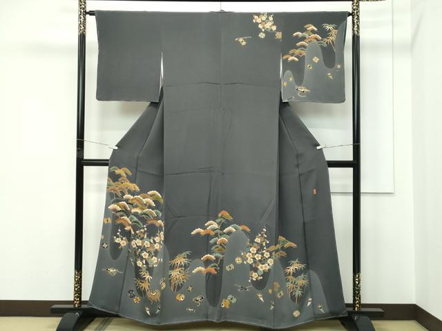 平和屋着物●極上　十日町　加賀草木友禅の第一人者　田村哲彦　訪問着　宝尽くし松竹梅　鬼しぼ縮緬　墨色地　逸品　未使用　CZAA5552s6