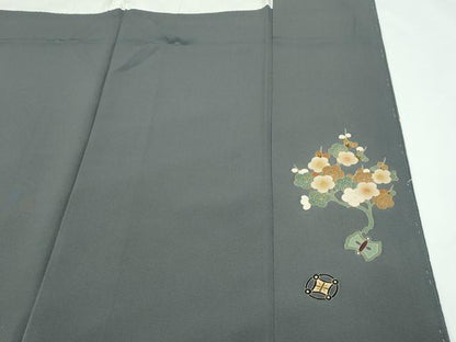 平和屋着物●極上　十日町　加賀草木友禅の第一人者　田村哲彦　訪問着　宝尽くし松竹梅　鬼しぼ縮緬　墨色地　逸品　未使用　CZAA5552s6