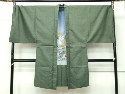 平和屋着物●極上　男性　紬　アンサンブル　キングサイズ　色無地　麹塵色　逸品　CZAA5604s6