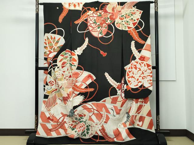 平和屋本店●極上　アンティーク　大正ロマン　振袖　駒刺繍　飛鶴草花文　黒地　金彩　逸品　CZAA5644s6