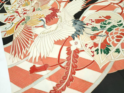 平和屋本店●極上　アンティーク　大正ロマン　振袖　駒刺繍　飛鶴草花文　黒地　金彩　逸品　CZAA5644s6
