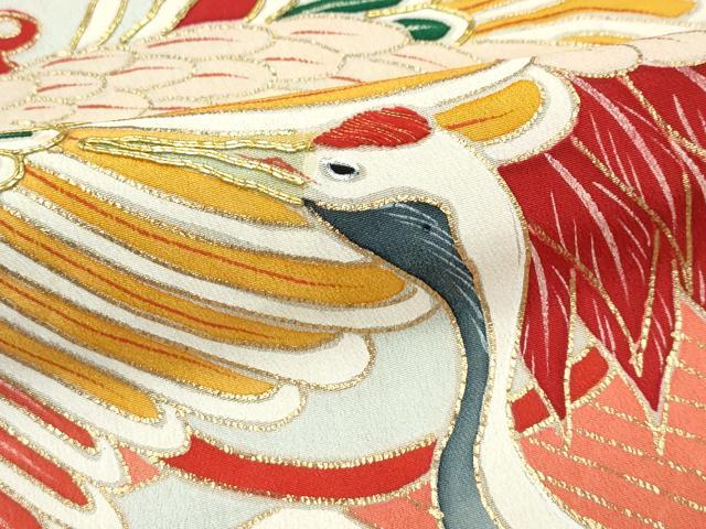平和屋本店●極上　アンティーク　大正ロマン　振袖　駒刺繍　飛鶴草花文　黒地　金彩　逸品　CZAA5644s6