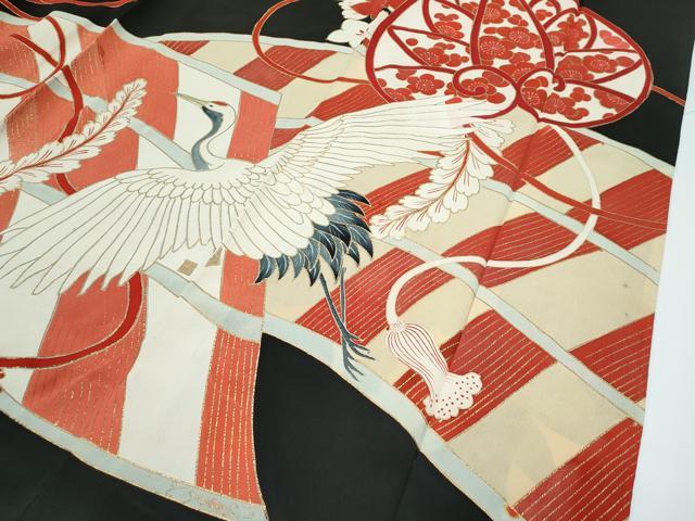 平和屋本店●極上　アンティーク　大正ロマン　振袖　駒刺繍　飛鶴草花文　黒地　金彩　逸品　CZAA5644s6
