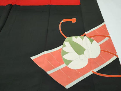 平和屋本店●極上　アンティーク　大正ロマン　振袖　駒刺繍　飛鶴草花文　黒地　金彩　逸品　CZAA5644s6