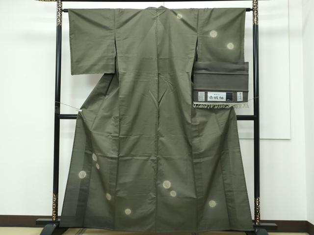 平和屋着物▽極上 十日町 名門青柳謹製 櫛引織 赤城紬 草木染 訪問着 単衣 丸文 藍媚茶色地 やまと誂製 証紙付き 逸品 未使用 CZAA5652s6