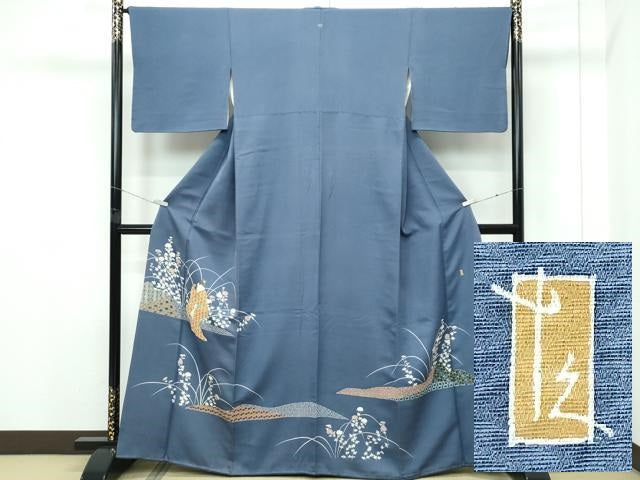 平和屋本店●極上　加賀友禅の巨匠　初代　由水十久　色留袖　人物草花文　青褐色地　逸品　CZAA5795s6