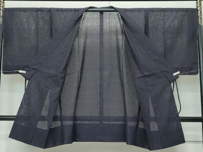 平和屋着物∞極上　スリーシーズン　春夏秋　塵除け　道中着　ロング丈　花紋紗　縞　黒紅色地　逸品　未使用　CZAA5664s6