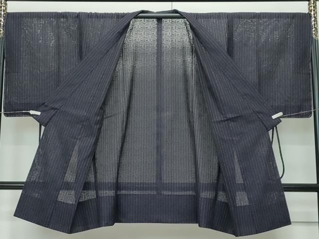 平和屋着物∞極上　スリーシーズン　春夏秋　塵除け　道中着　ロング丈　花紋紗　縞　黒紅色地　逸品　未使用　CZAA5664s6
