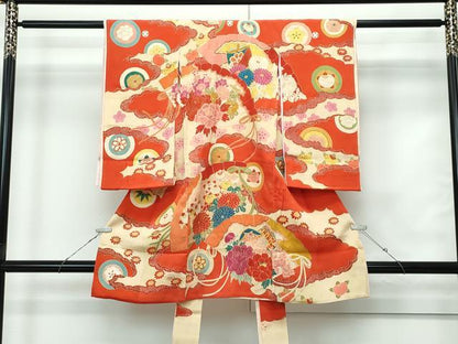 平和屋本店[]極上　アンティーク　大正ロマン　お宮参り　女の子　祝着　産着　初着　のしめ　檜扇草花文　金彩　逸品　CZAA5687s6