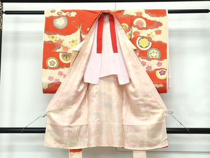 平和屋本店[]極上　アンティーク　大正ロマン　お宮参り　女の子　祝着　産着　初着　のしめ　檜扇草花文　金彩　逸品　CZAA5687s6