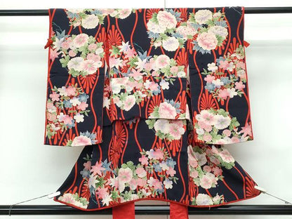平和屋本店[]極上　アンティーク　大正ロマン　七五三　女の子　3歳　草花文　濃紺地　逸品　CZAA5688s6