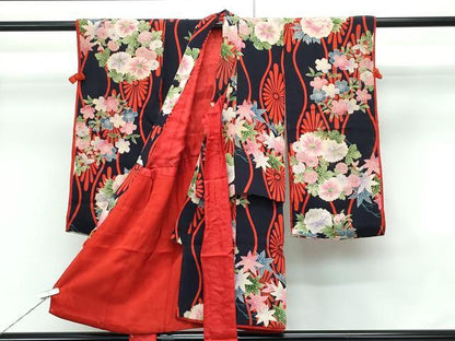 平和屋本店[]極上　アンティーク　大正ロマン　七五三　女の子　3歳　草花文　濃紺地　逸品　CZAA5688s6