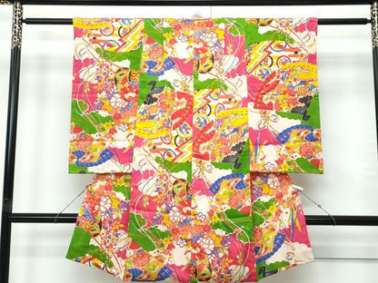 平和屋本店[]極上　アンティーク　大正ロマン　長襦袢　袷　檜扇草花文　半衿刺繍　逸品　CZAA5693s6