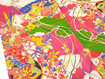 平和屋本店[]極上　アンティーク　大正ロマン　長襦袢　袷　檜扇草花文　半衿刺繍　逸品　CZAA5693s6
