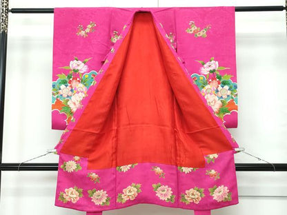 平和屋本店[]極上　アンティーク　大正ロマン　お宮参り　女の子　祝着　産着　初着　のしめ　宝尽し草花文　ルビー色地　逸品　CZAA5695s6