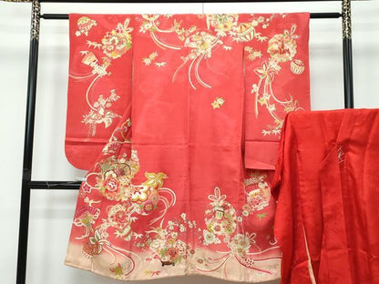 平和屋本店[]極上 アンティーク 大正ロマン 七五三 女の子 7歳 祝着・長襦袢セット 駒刺繍 檜扇鼓花毬文 金彩 赤紅色地 逸品 CZAA5697s6